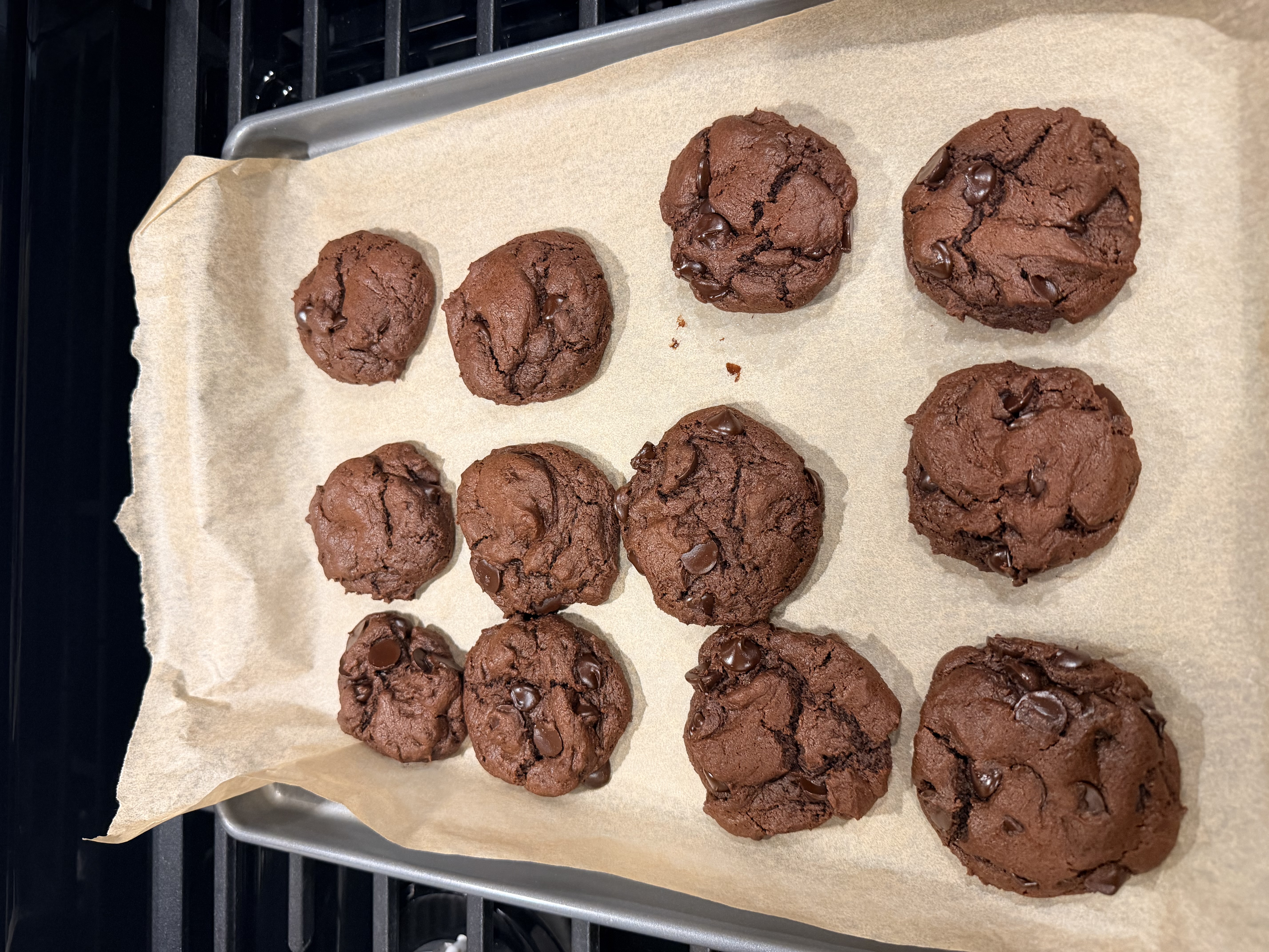 Sourdough chocolate chip cookies on tray